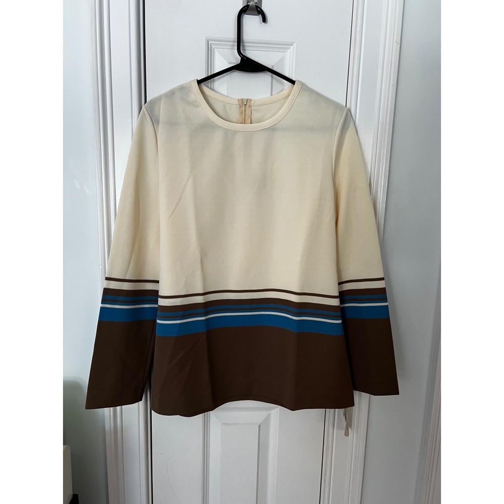 Vintage Bodin Knits 70s Striped Double Knit Top Cream Brown Blue Mod NWT 8406 14